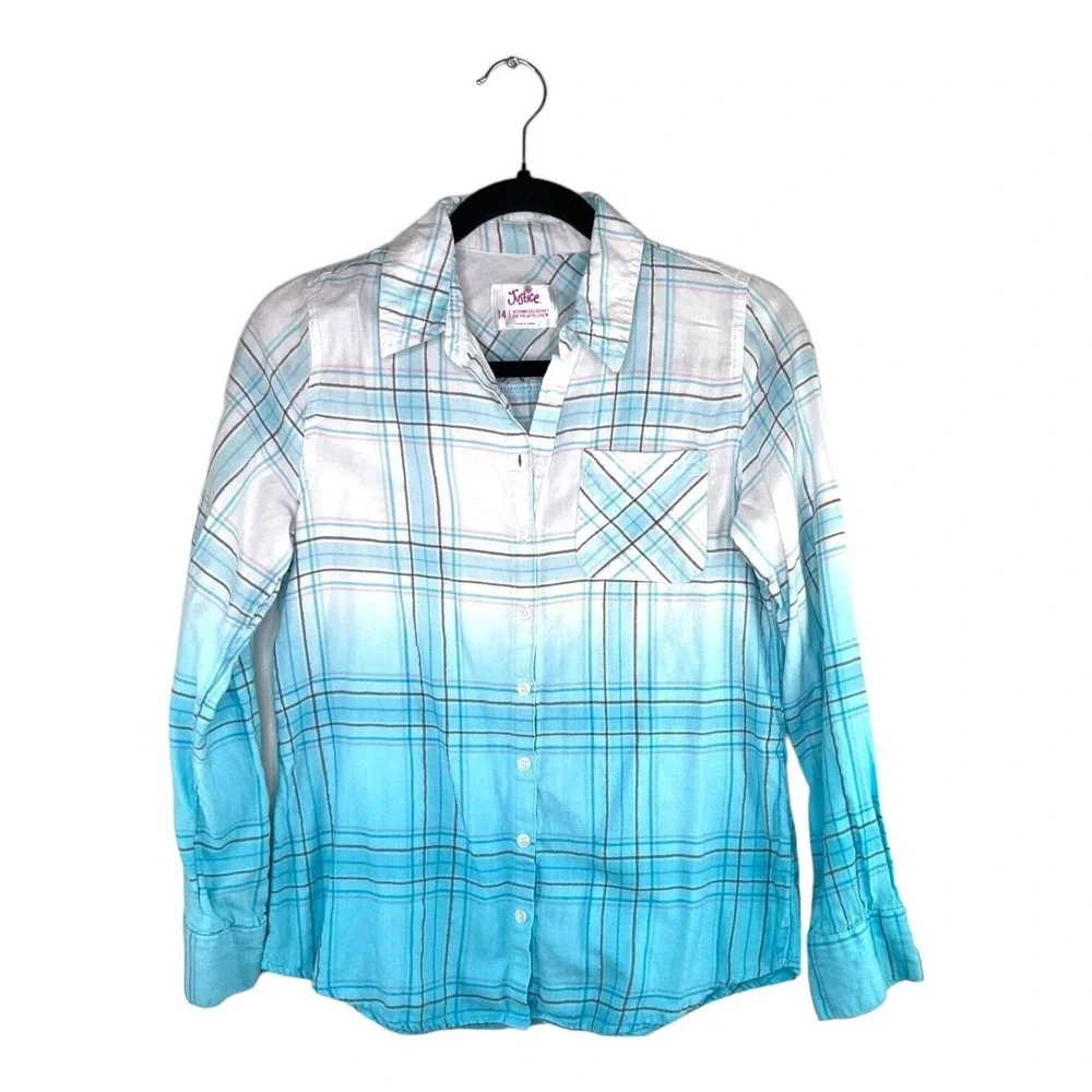 Justice Soft Plaid Girls Shirt Sz 14 Blue White Metallic Button Soft Comfy